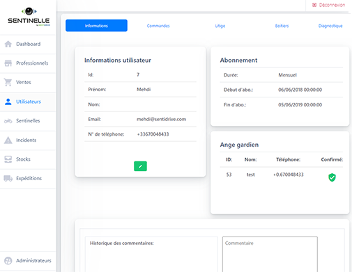 Espace administrateur dédié à la société Sentidrive pour gérer l'ensemble de son parc Sentinelle