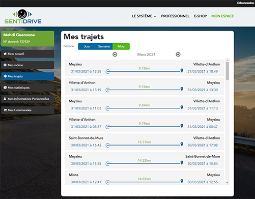 Espace utilisateur pour consultation des trajets, vidéos ... liés à la Sentinelle Sentidrive